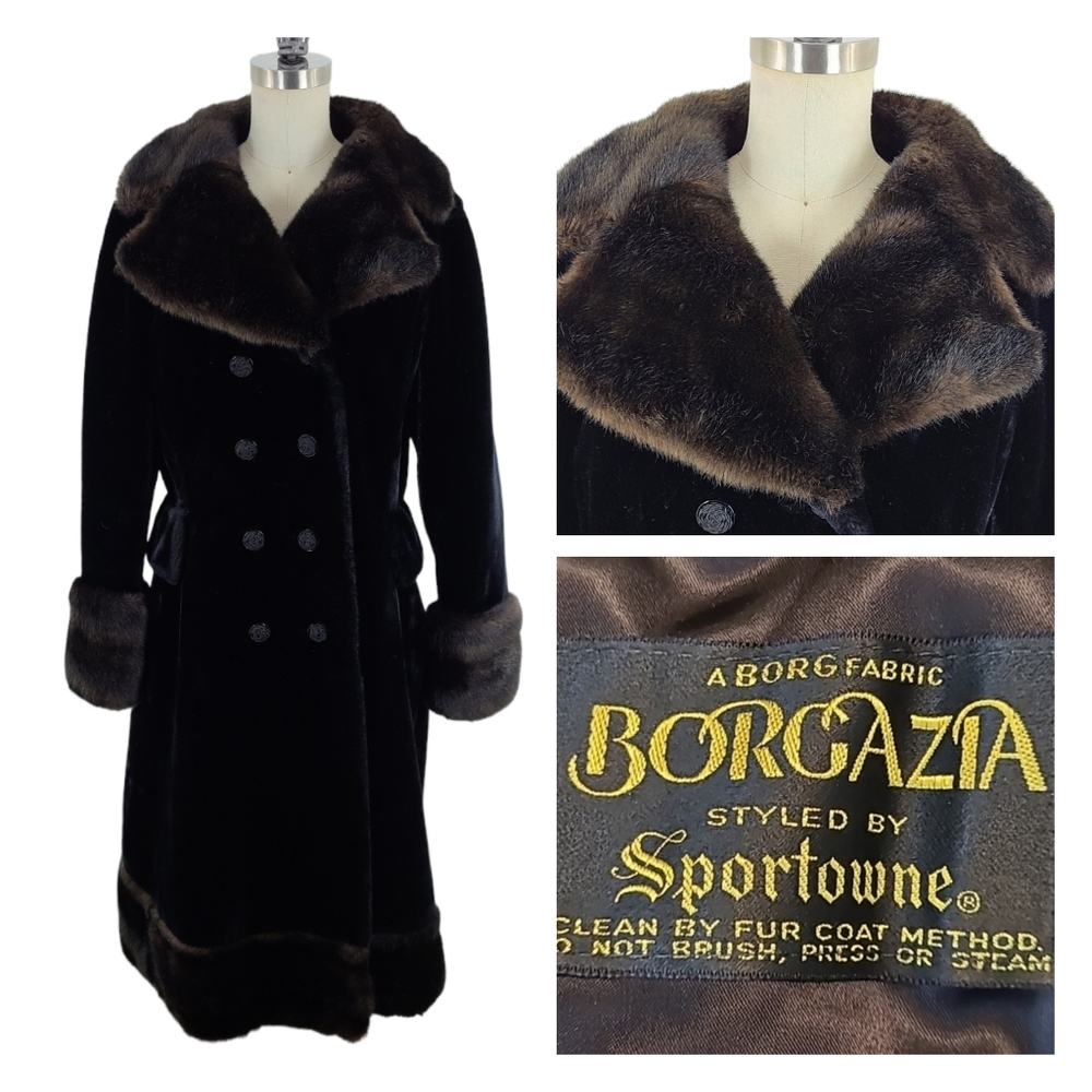 Vintage BORGAZIA Black Faux Fur Coat Full Length Brown Faux Fur Collar Cuffs | M
